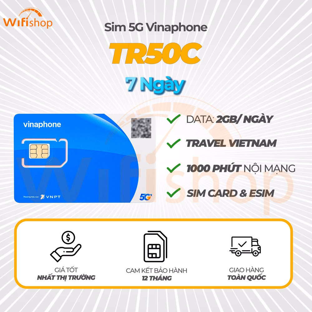 SIM 5G Du Lịch Việt Nam Vinaphone TR50C 2GB/Ngày 7 Ngày