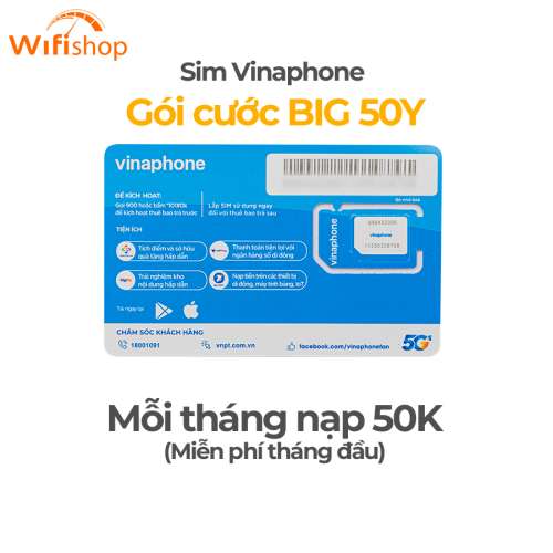 Sim 4G Vinaphone BIG 50Y – tặng 5GB/ngày – mỗi tháng nạp 50K