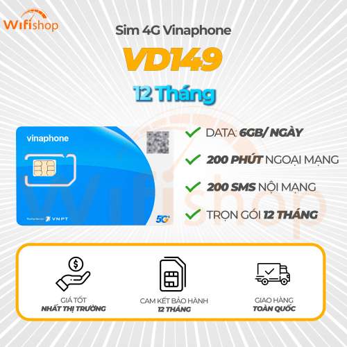 Sim 4G Vinaphone VD149 12 tháng 2160GB data, miễn phí gọi thoại, 1 năm không nạp tiền
