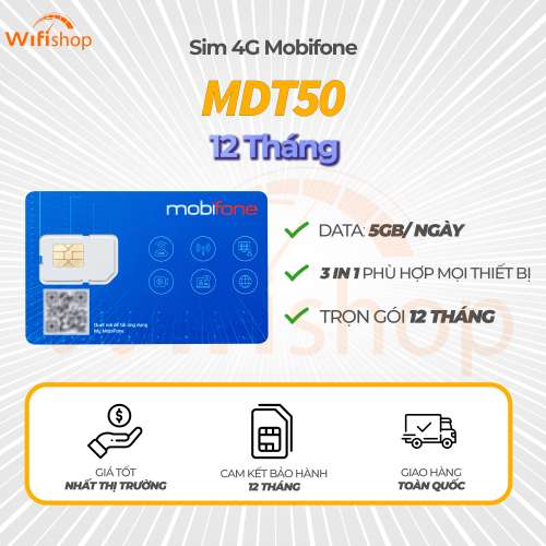 Sim Mobifone 12MDT50 150GB/tháng data tốc độ cao, trọn gói 12 tháng không nạp tiền