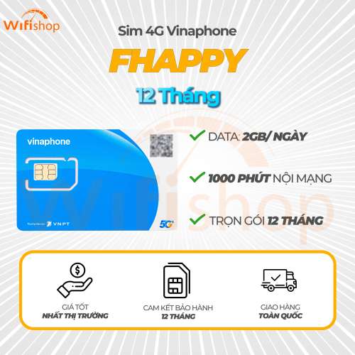 Sim 5G Vinaphone FHAPPY 2Gb/Ngày, Miễn phí 1000 phút nội mạng - 12 Tháng không nạp tiền