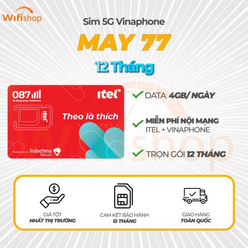 Sim 5G Vinaphone MAY77 4GB/Ngày, Miễn Phí Gọi Nội Mạng Vinaphone & Itel