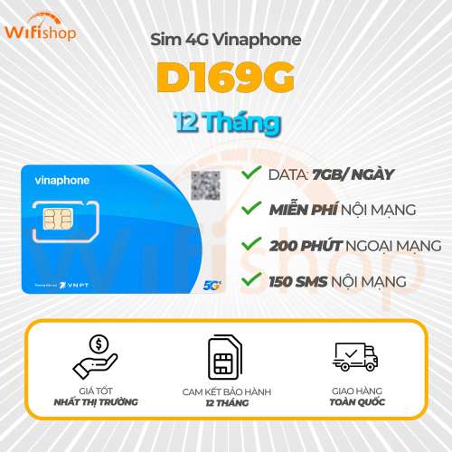SIM 5G Vinaphone D169G 7GB/Ngày, Miễn Phí Nội Mạng, 200 Phút Ngoại Mạng, Trọn Gói 12 Tháng