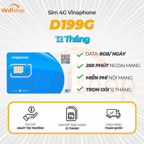 SIM 5G Vinaphone D199G 8GB/Ngày, Miễn Phí Nội Mạng, 250 Phút Ngoại Mạng, Trọn Gói 12 Tháng