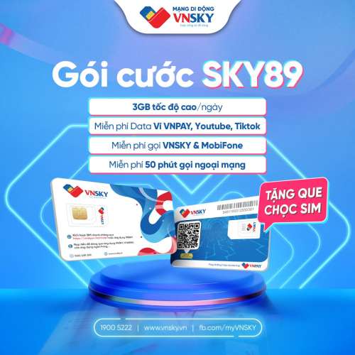 Sim Vnsky SKY89 3GB/Ngày (90GB/Tháng) không giới hạn 3Mbps, miễn phí Youtube, Tiktok