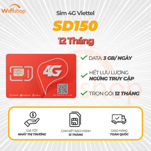 Sim Viettel SD150 3GB/Ngày (90GB/Tháng), Trọn gói 12 tháng