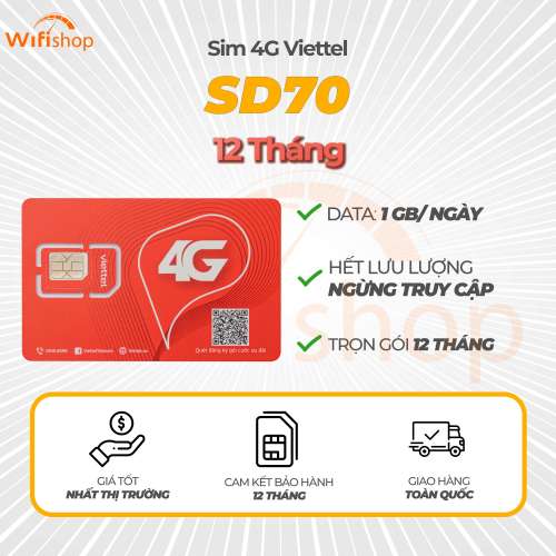 Sim Viettel SD70 1GB/Ngày (30GB/Tháng), Trọn gói 12 tháng