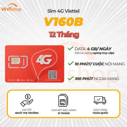 Sim Viettel V160B 4GB/Ngày (120GB/Tháng), Miễn phí nội mạng, 100 phút ngoại mạng, Trọn gói 12 tháng