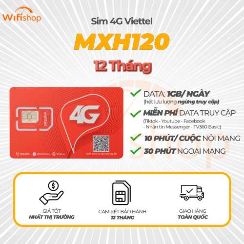 Sim Viettel MXH120 1GB/Ngày (30GB/Tháng), Miễn phí YouTube, Facebook, Tiktok, Messenger