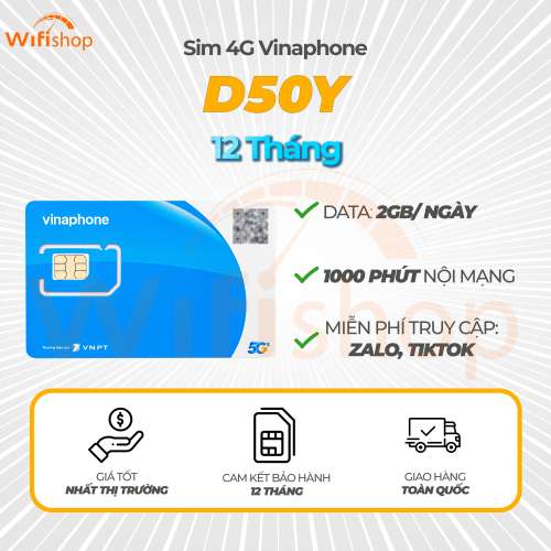 Sim Vinaphone D50Y 2GB/Ngày (60GB/Tháng) Miễn phí Tiktok, Zalo, Trọn gói 12 tháng