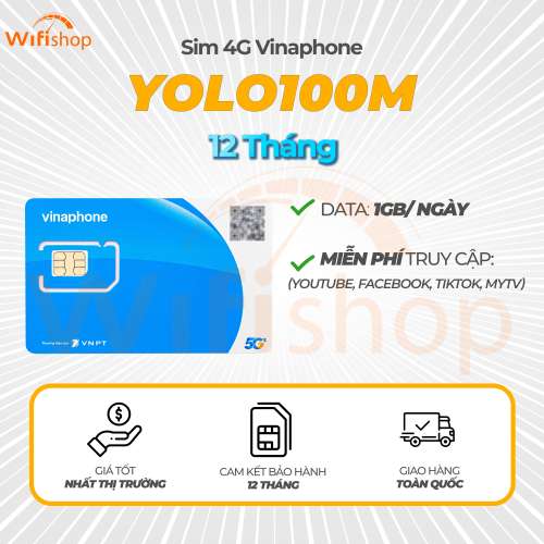Sim Vinaphone YOLO100M 1GB/Ngày (30GB/Tháng) Miễn phí Youtube, Tiktok, Facebook, Trọn gói 12 tháng