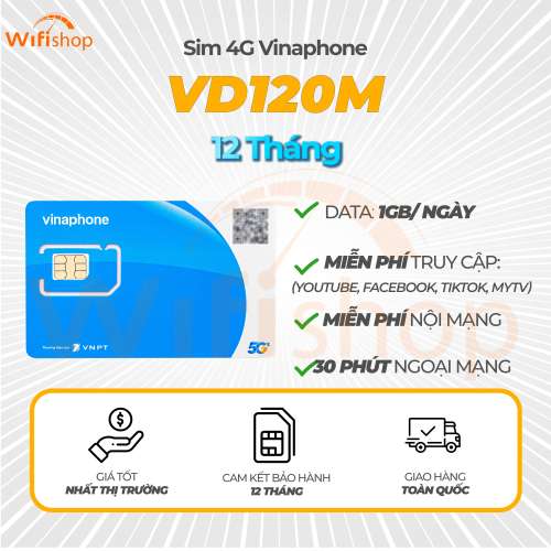 Sim Vinaphone VD120M 1GB/Ngày (30GB/Tháng) Miễn phí Youtube, Tiktok, Facebook, Trọn gói 12 tháng