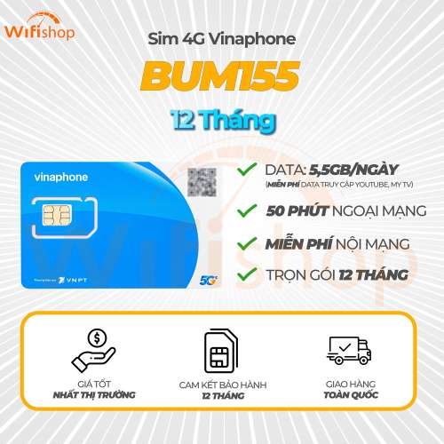  Sim Vinaphone BUM155 5,5GB/Ngày Miễn Phí Nội Mạng, 50 Phút Ngoại Mạng, Xem Youtube không giới hạn