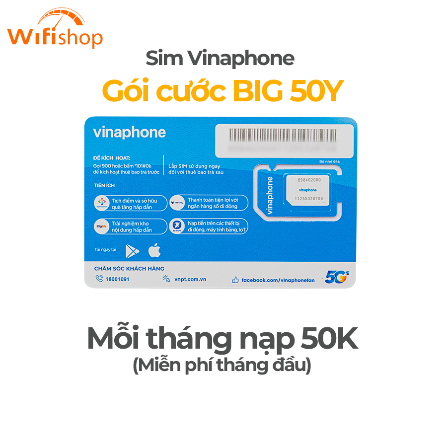 Sim 4G Vinaphone BIG50Y – tặng 5GB/ngày – mỗi tháng nạp 50K