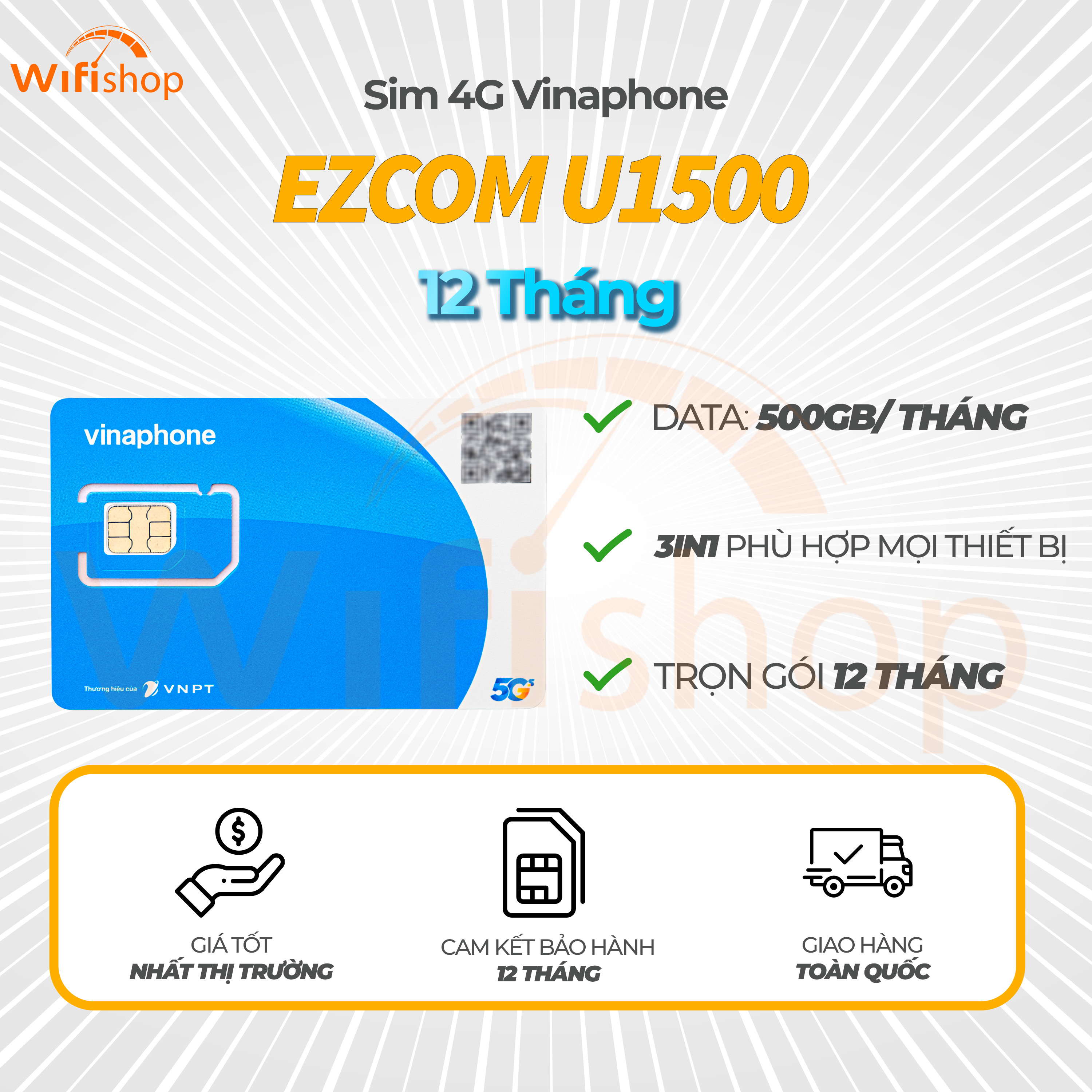 Sim 4G Vinafone Ezcom U1500 500GB/tháng - nạp sẵn 12 theo tháng 