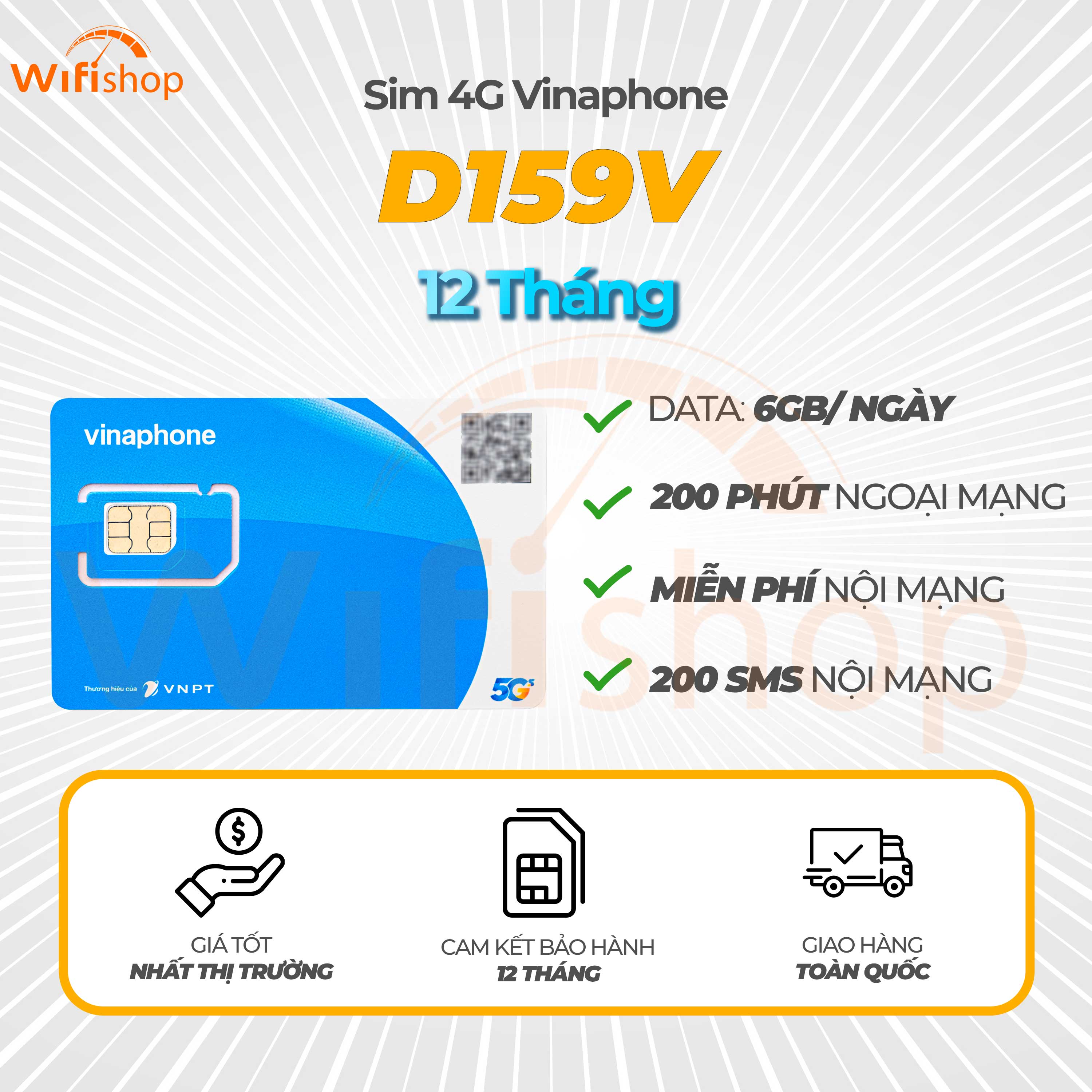 SIM 5G Vinaphone D159V 6GB/Ngày, Miễn Phí Nội Mạng, 200 Phút Ngoại Mạng, Trọn Gói 12 Tháng