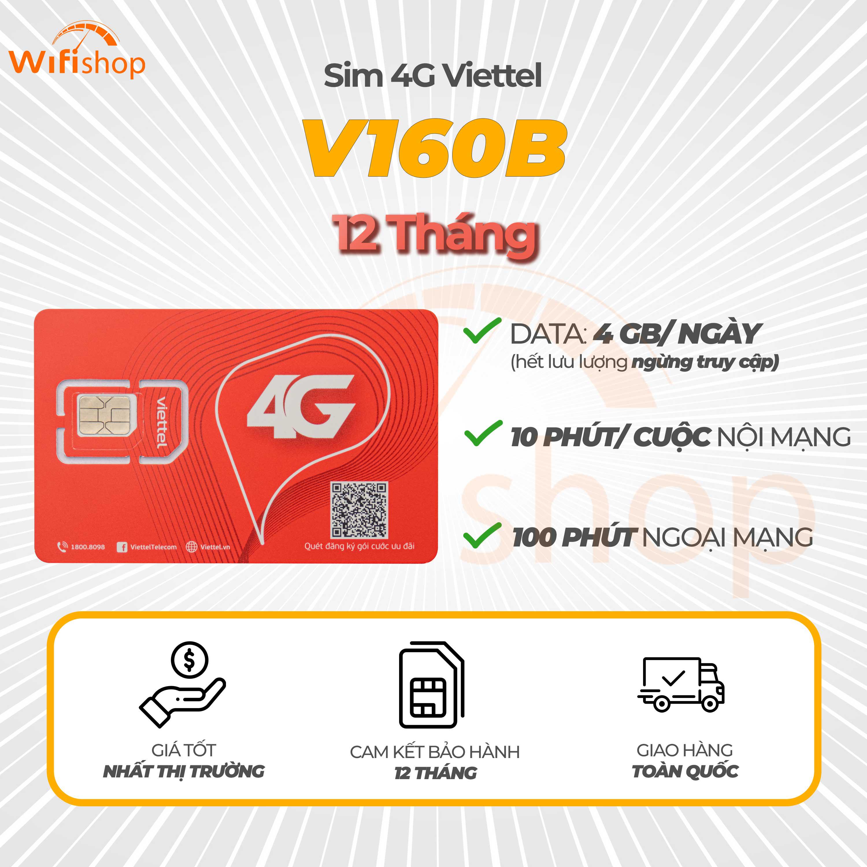 Sim 5G Viettel V160B 4GB/Ngày (120GB/Tháng), Miễn phí nội mạng, 100 phút ngoại mạng