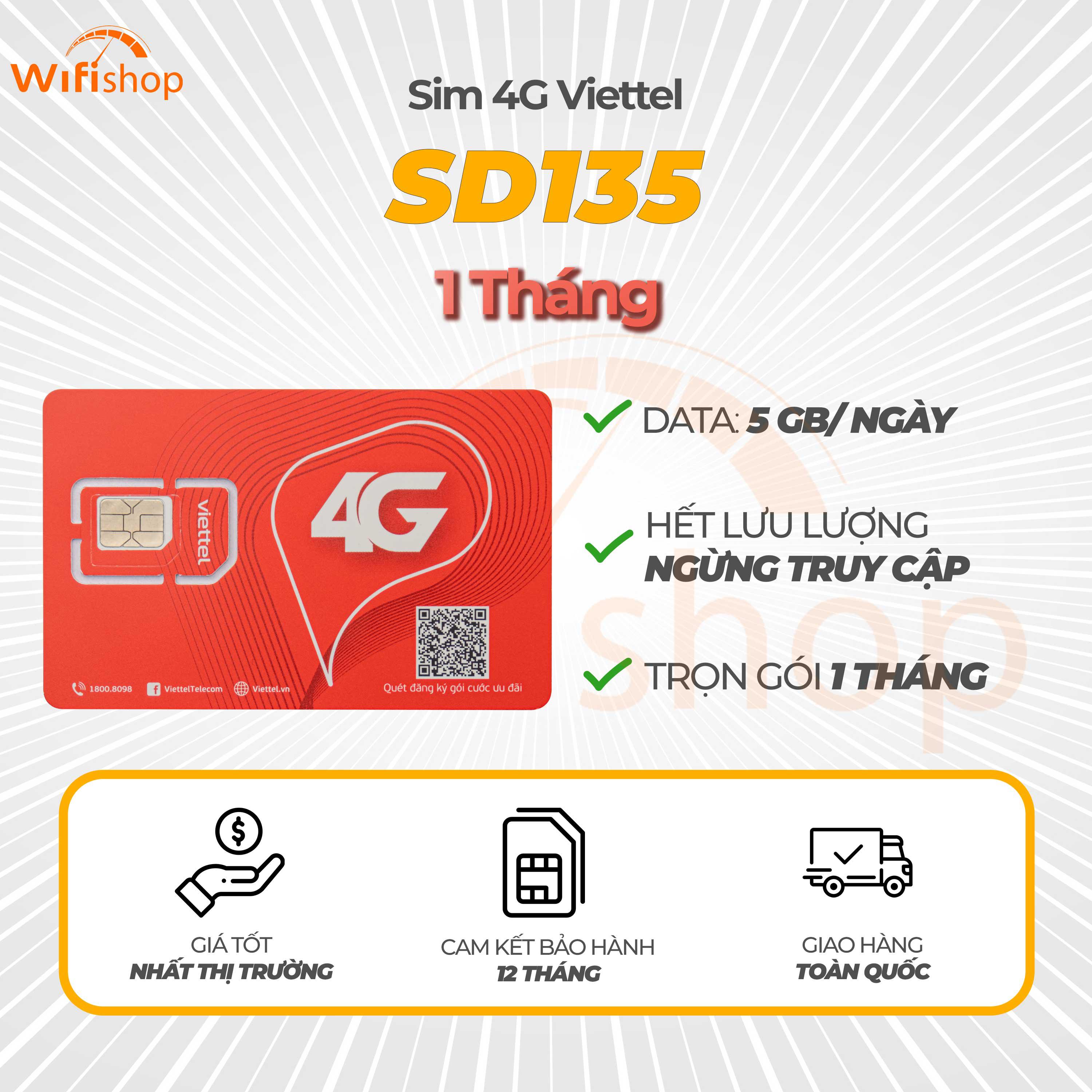 Sim Viettel SD135 5GB/Ngày (150GB/Tháng)