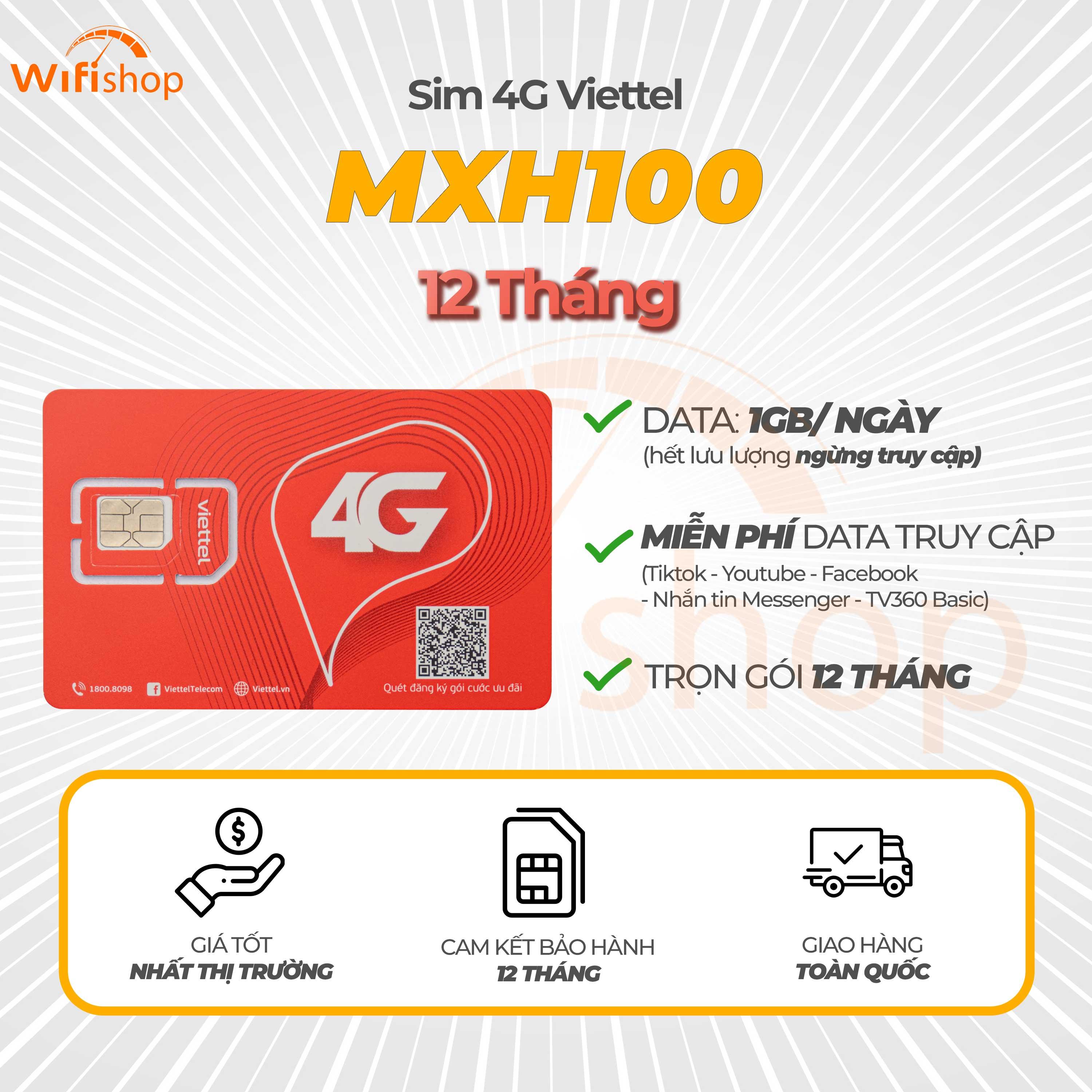 Sim 4G Viettel MXH100 1GB/Ngày, Miễn phí YouTube, Facebook, Tiktok, Messenger