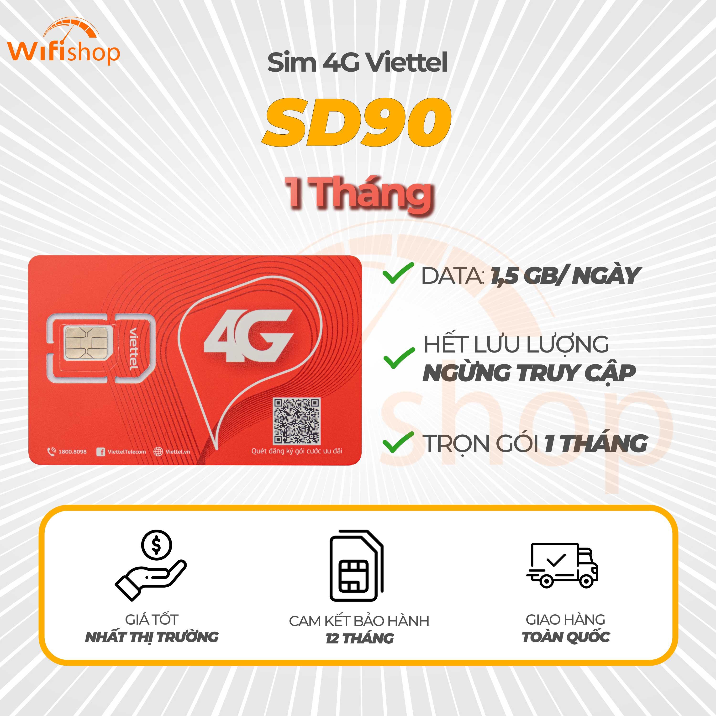 Sim Viettel SD90 1,5GB/Ngày (45GB/Tháng), Nạp sẵn 12 tháng