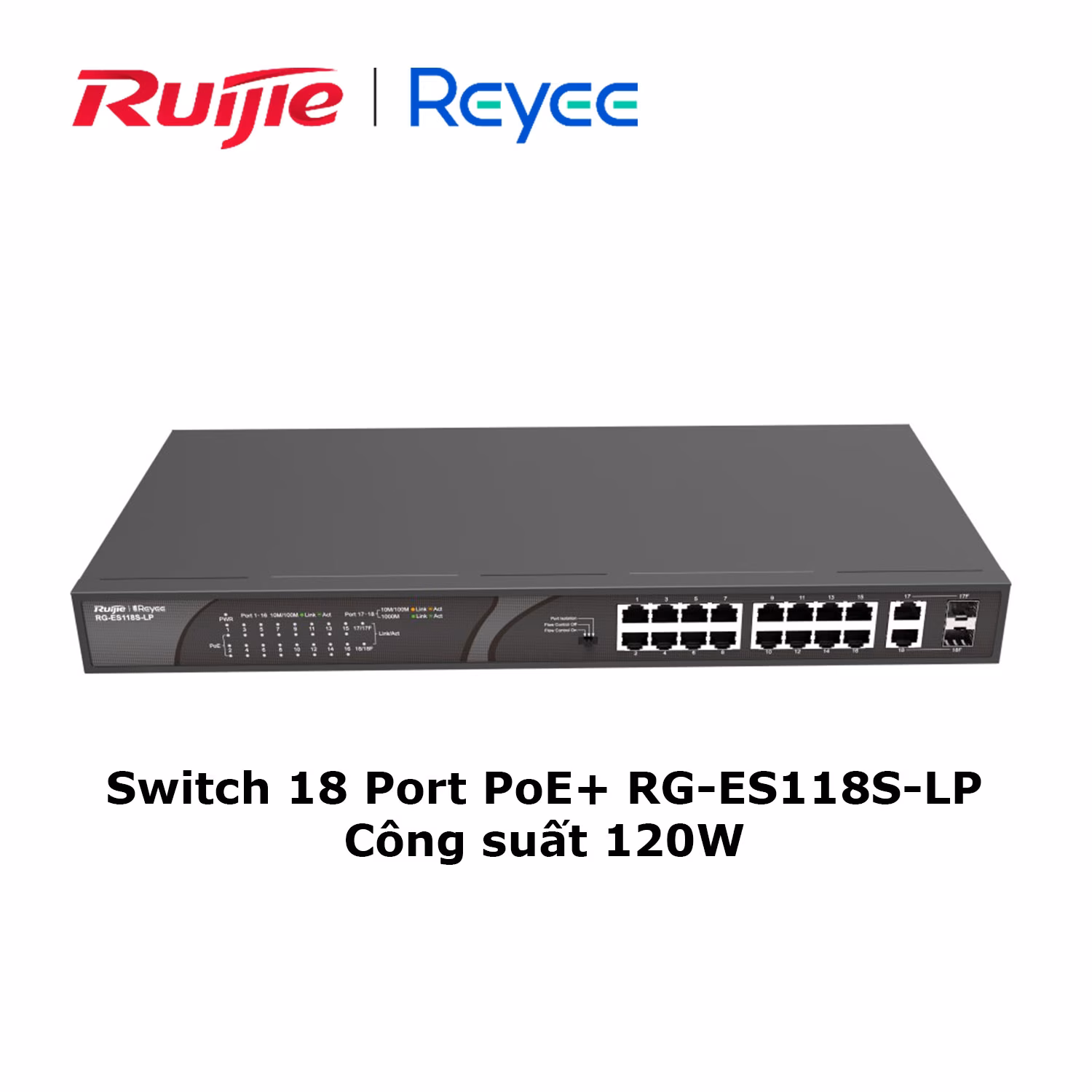 Switch 18 Port PoE+ Ruijie Reyee RG-ES118S-LP, Công Suất 120W, Kết Nối Mạnh Mẽ và Tiết Kiệm