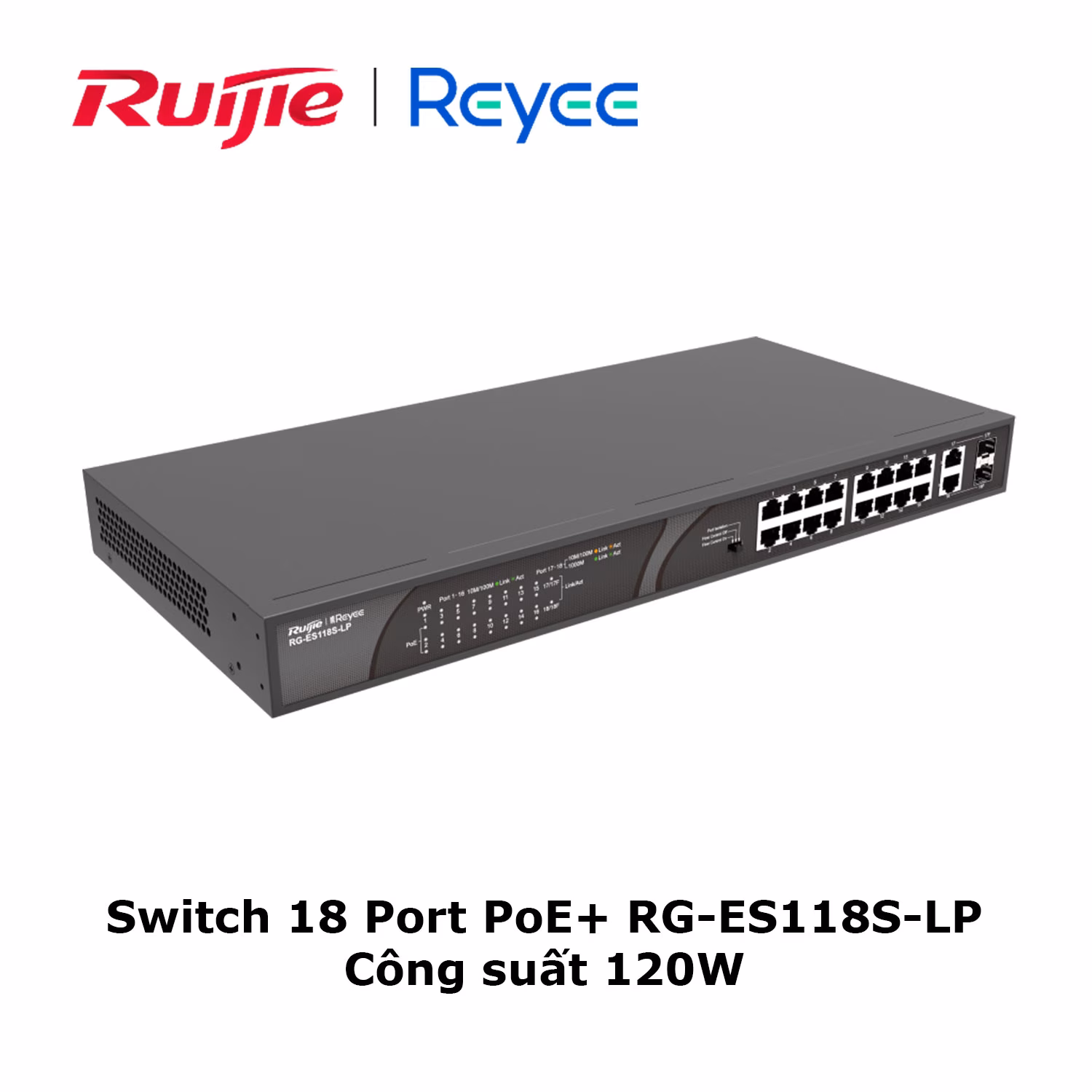Switch 18 Port PoE+ Ruijie Reyee RG-ES118S-LP, Công Suất 120W, Kết Nối Mạnh Mẽ và Tiết Kiệm
