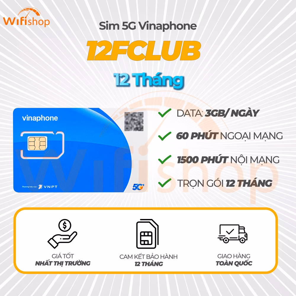 Vinaphone 12FCLUB 3GB/Ngày +60p Ngoại Mạng +1500phút nội mạng