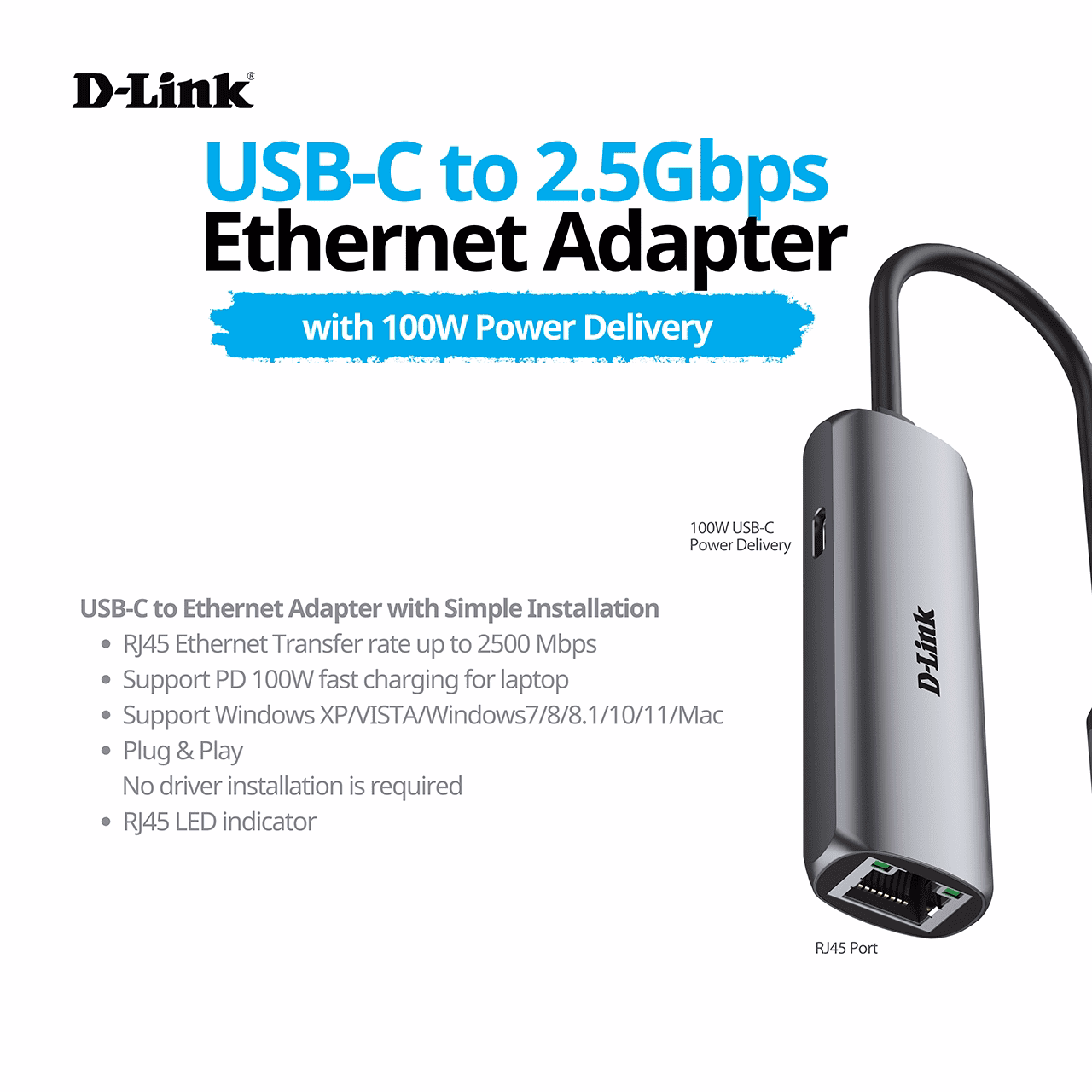 Cáp chuyển Type C sang cổng mạng LAN RJ45 2.5Gbps - DLink DUB-E255