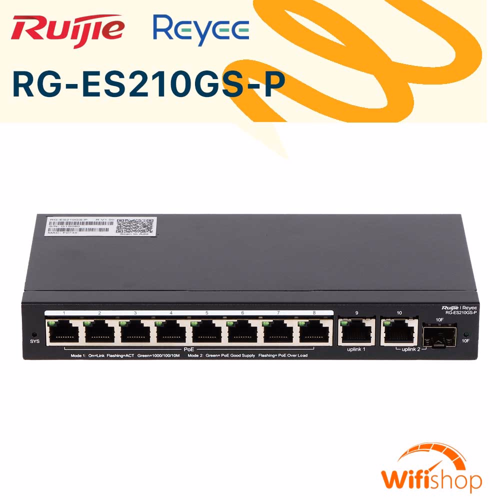 Switch PoE+ Ruijie RG-ES210GS-P, 10 Cổng Gigabit PoE+ và 2 Cổng SFP, Hiệu Suất Tối Ưu