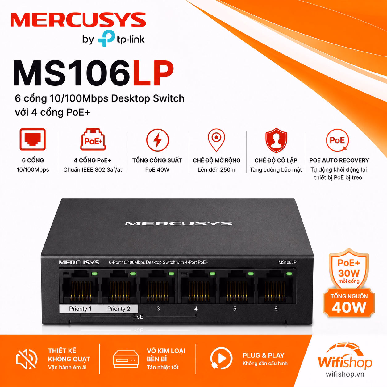 Switch Mercusys MS106LP 6 cổng 100Mbps với 4 cổng PoE+