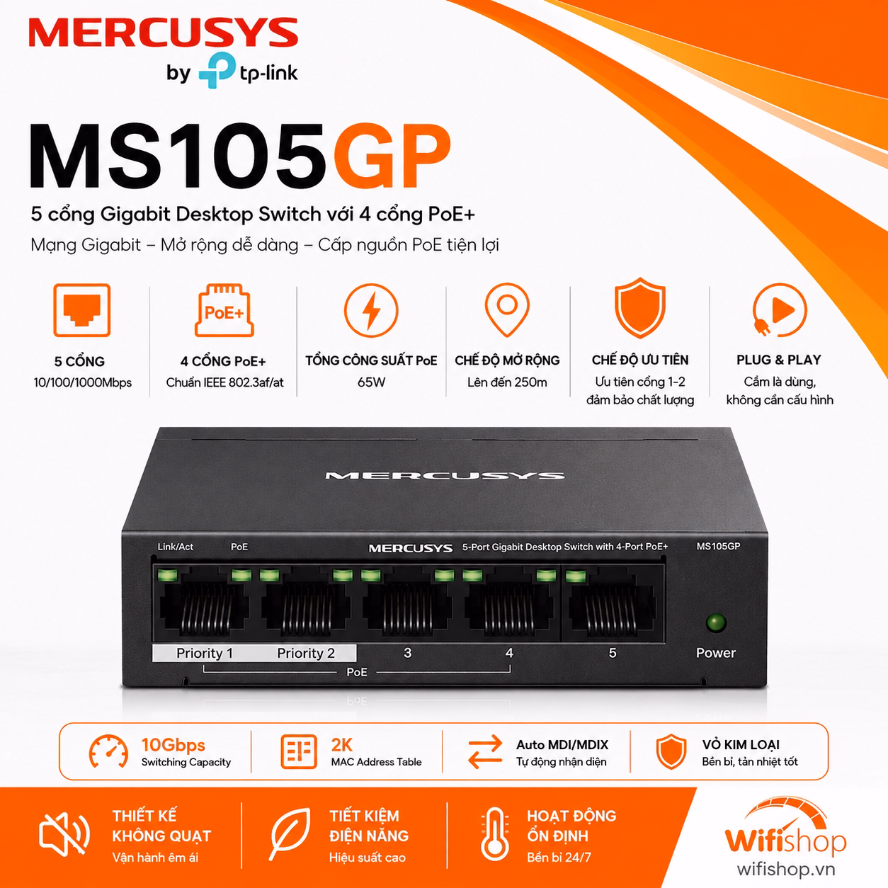 Switch Mercusys MS105GP 5 cổng 1000Mbps với 4 cổng PoE+